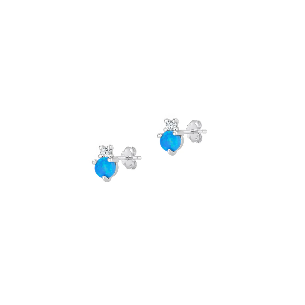 Sterling Silver Rhodium Plated Blue Lab Opal And Clear CZ Stone Earrings