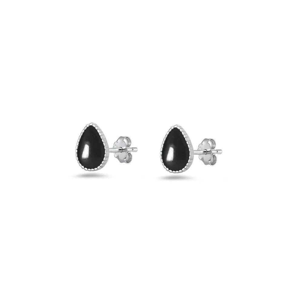 Sterling Silver Rhodium Plated Black Onyx Teardrop Earrings
