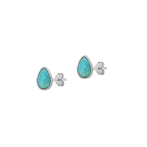 Sterling Silver Rhodium Plated Drop Genuine Turquoise Stone Earrings