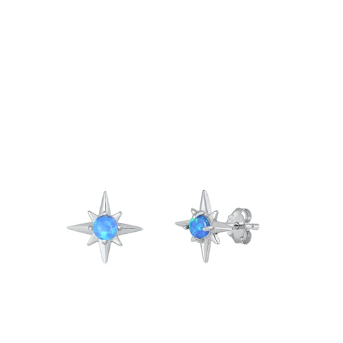 Sterling Silver Rhodium Plated Star Blue Lab Opal Earrings