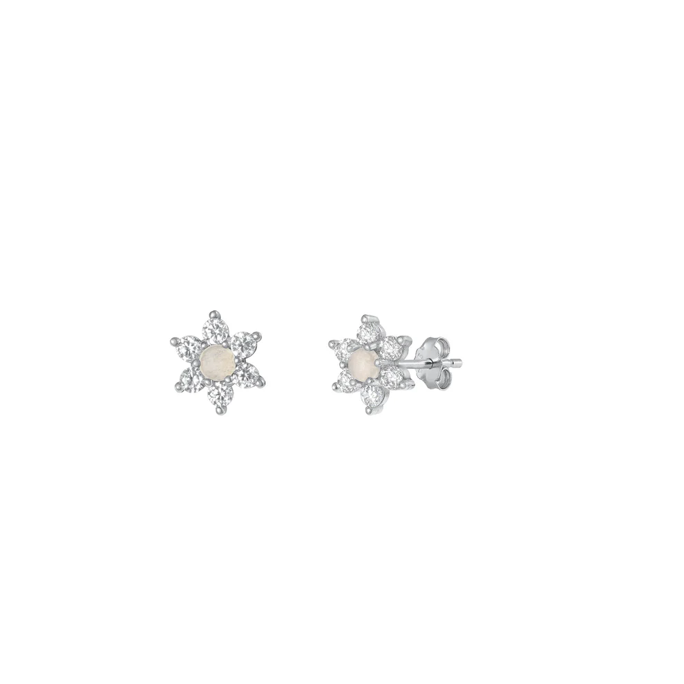 Sterling Silver Rhodium Plated Flower Moonstone Stone Earrings