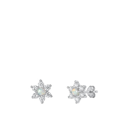 Sterling Silver Rhodium Plated White Lab Opal Flower Earrings