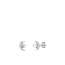 Load image into Gallery viewer, Sterling Silver Rhodium Plated moon Genuine Moonstone and Clear CZ Earrings