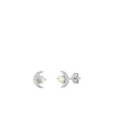Sterling Silver Rhodium Plated moon Genuine Moonstone and Clear CZ Earrings