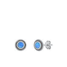 Load image into Gallery viewer, Sterling Silver Oxidized Blue Lab Opal Round Earrings