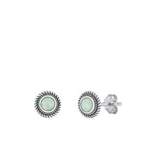 Load image into Gallery viewer, Sterling Silver Oxidized White Lab Opal Round Earrings