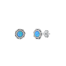 Load image into Gallery viewer, Sterling Silver Oxidized And Polished Round Blue Lab Opal Earrings