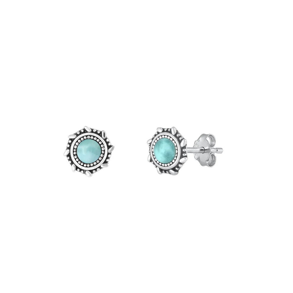 Sterling Silver Oxidized Round Larimar Stone Earrings