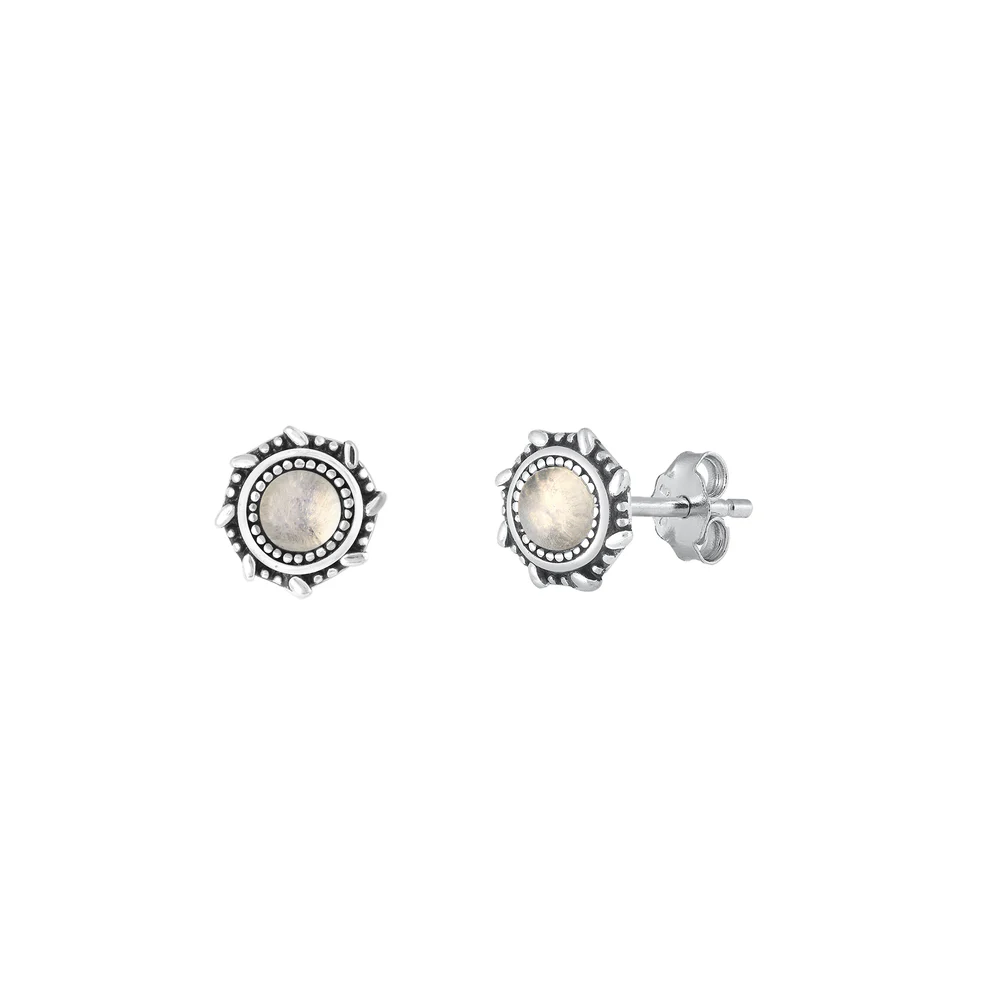 Sterling Silver Oxidized Round Moonstone Stone Earrings