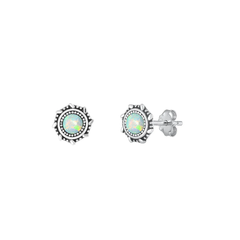 Sterling Silver Rhodium Plated Round White Lab Opal Earrings