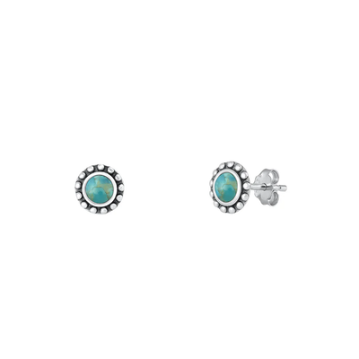 Sterling Silver Oxidized Round Genuine Turquoise Stone Earrings