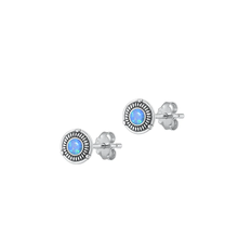 Load image into Gallery viewer, Sterling Silver Oxidized Round Blue Lab Opal Earrings