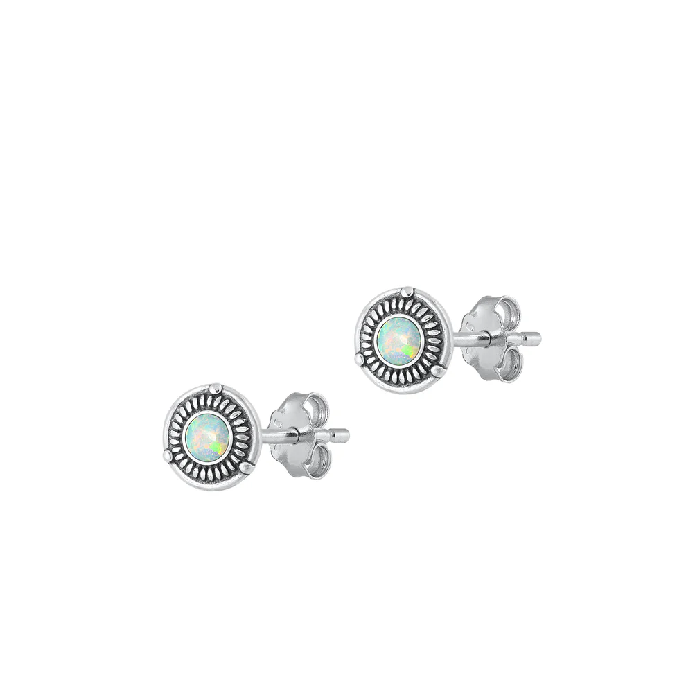 Sterling Silver Oxidized Round White Lab Opal Earrings