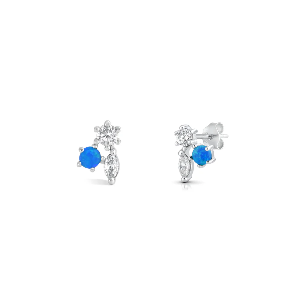 Sterling Silver Rhodium Plated Cluster Blue Lab Opal Earrings