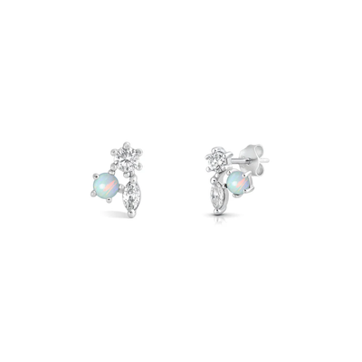 Sterling Silver Rhodium Plated Cluster White Lab Opal Earrings