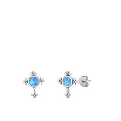 Sterling Silver Oxidized Cross Blue Lab Opal Earrings