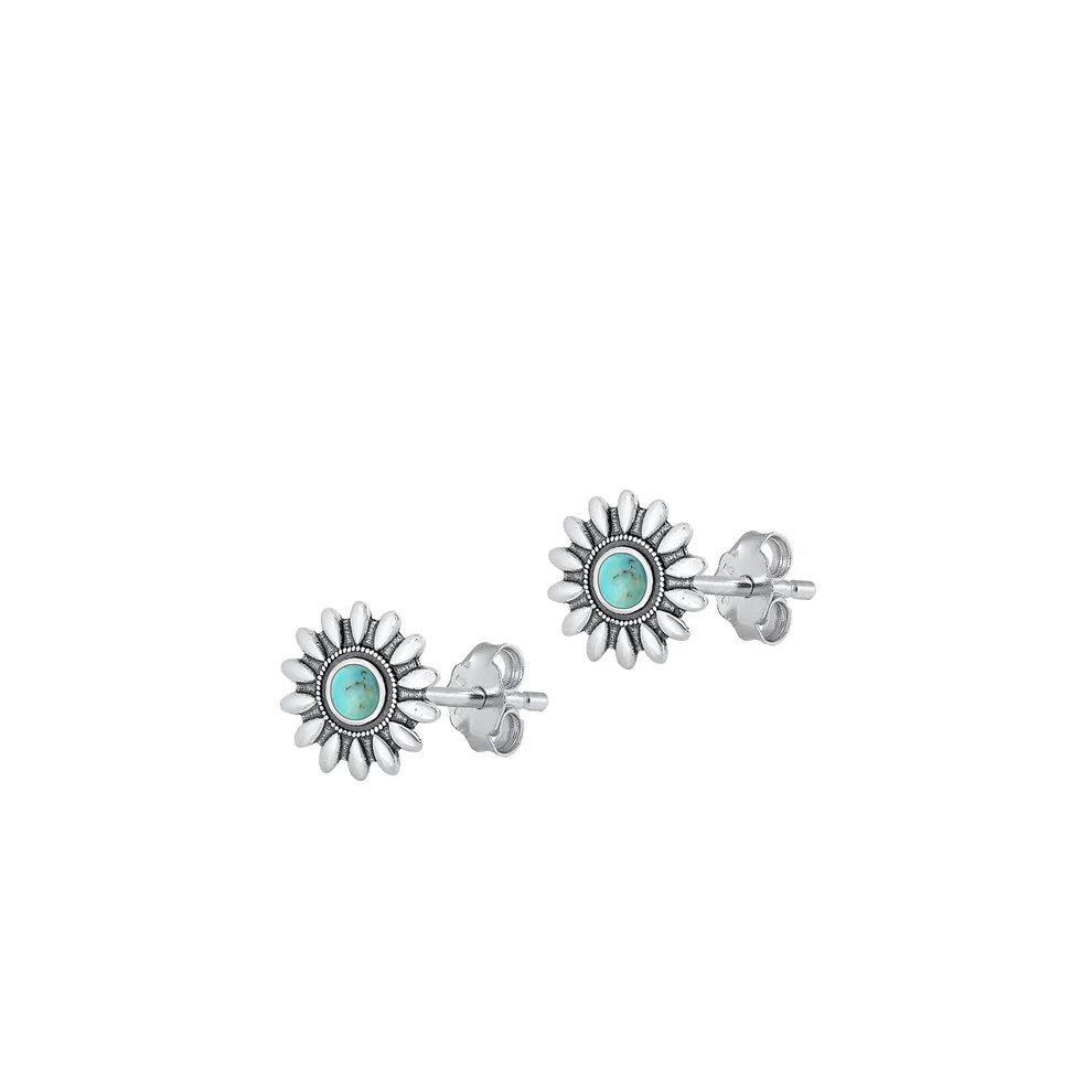 Sterling Silver Oxidized Flower Genuine Turquoise Stone Earrings