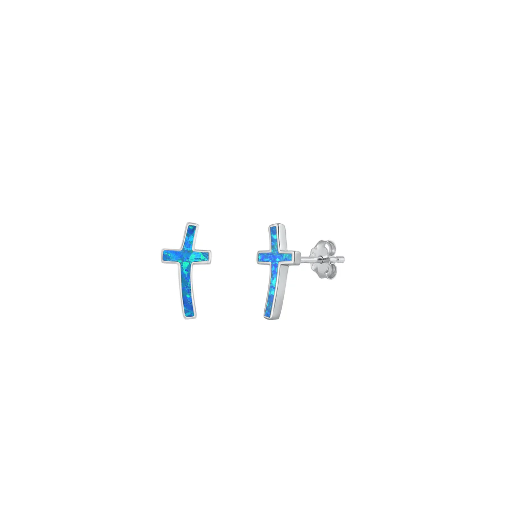 Sterling Silver Rhodium Plated Cross Blue Lab Opal Earrings