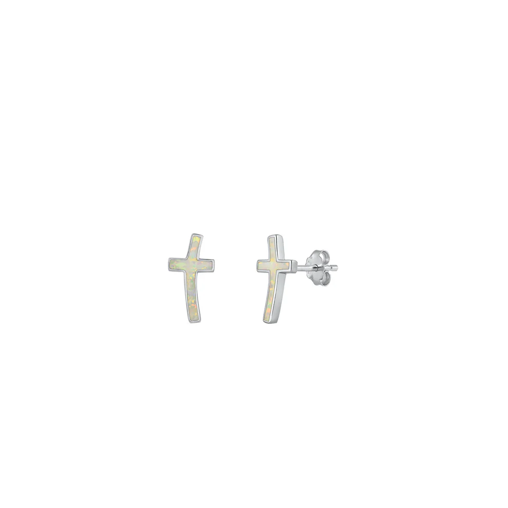 Sterling Silver Rhodium Plated Cross White Lab Opal Earrings
