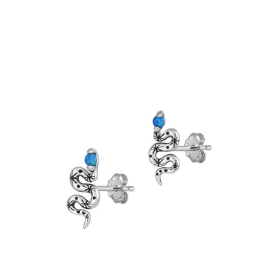 Sterling Silver Rhodium Plated Snake Blue Lab Opal Earrings