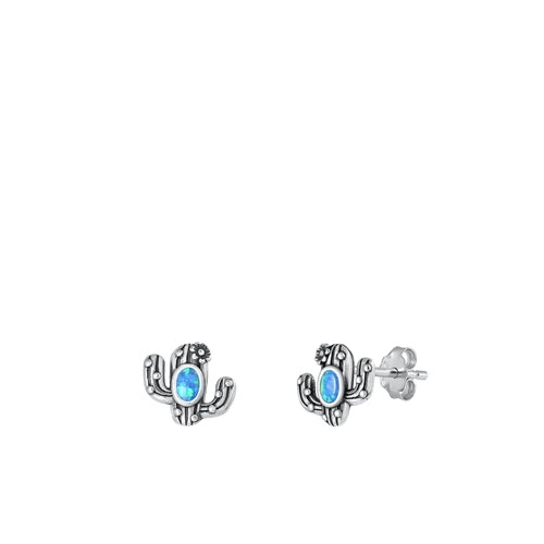 Sterling Silver Oxidized Blue Lab Opal Cactus Earrings