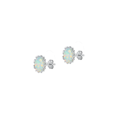 Sterling Silver Rhodium Plated 7.8mm Oval White Lab Opal Earrings