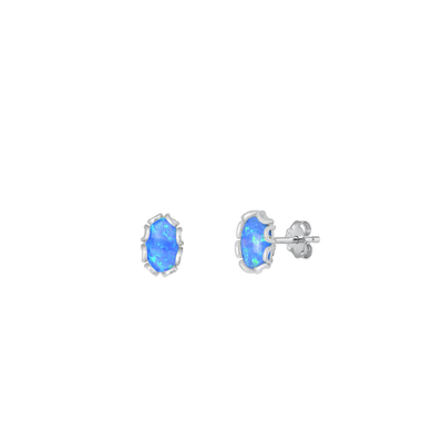 Sterling Silver Rhodium Plated 6mm Oval Blue Lab Opal Earrings