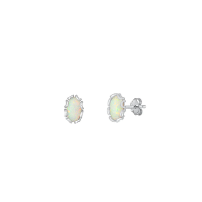 Sterling Silver Rhodium Plated 6mm Oval White Lab Opal Earrings