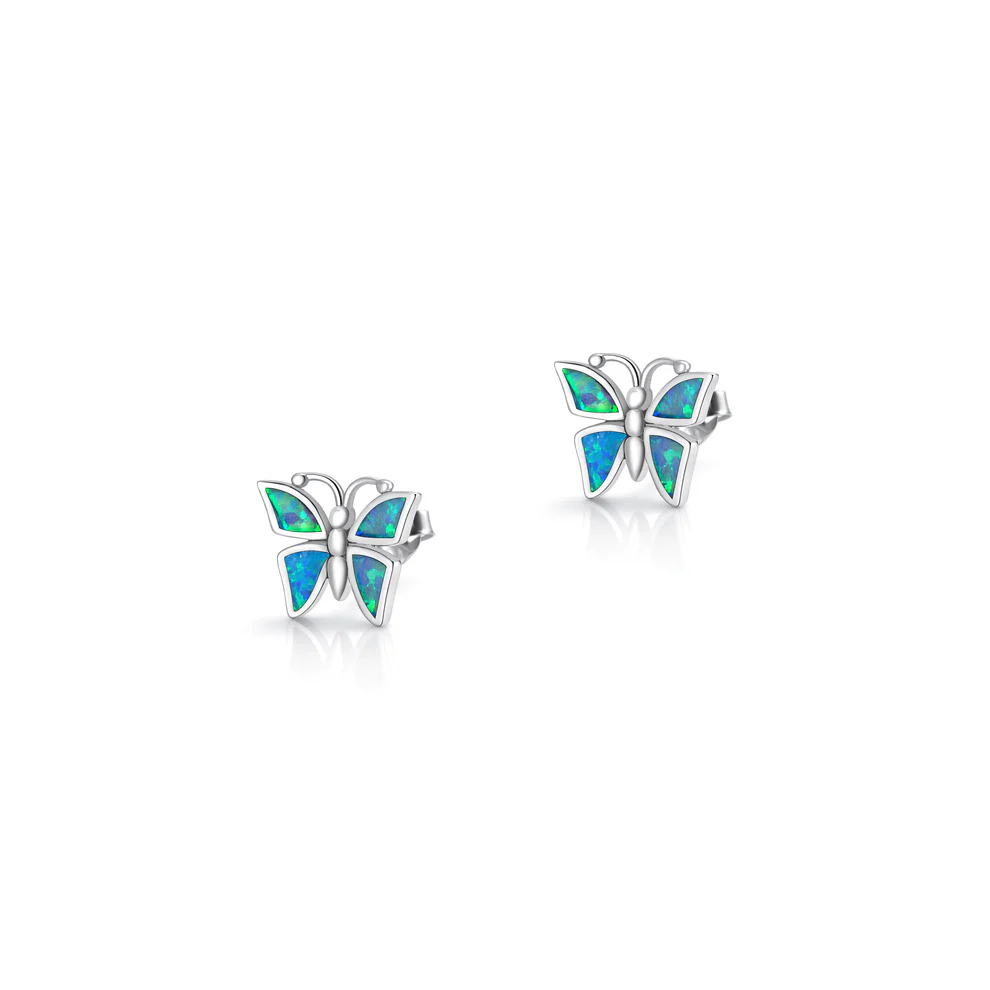 Sterling Silver Oxidized And Polished Butterfly Blue Lab Opal Earrings