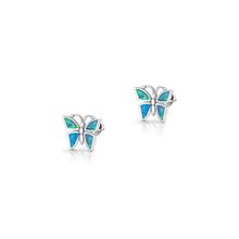 Load image into Gallery viewer, Sterling Silver Oxidized And Polished Butterfly Blue Lab Opal Earrings