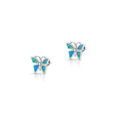 Sterling Silver Oxidized And Polished Butterfly Blue Lab Opal Earrings