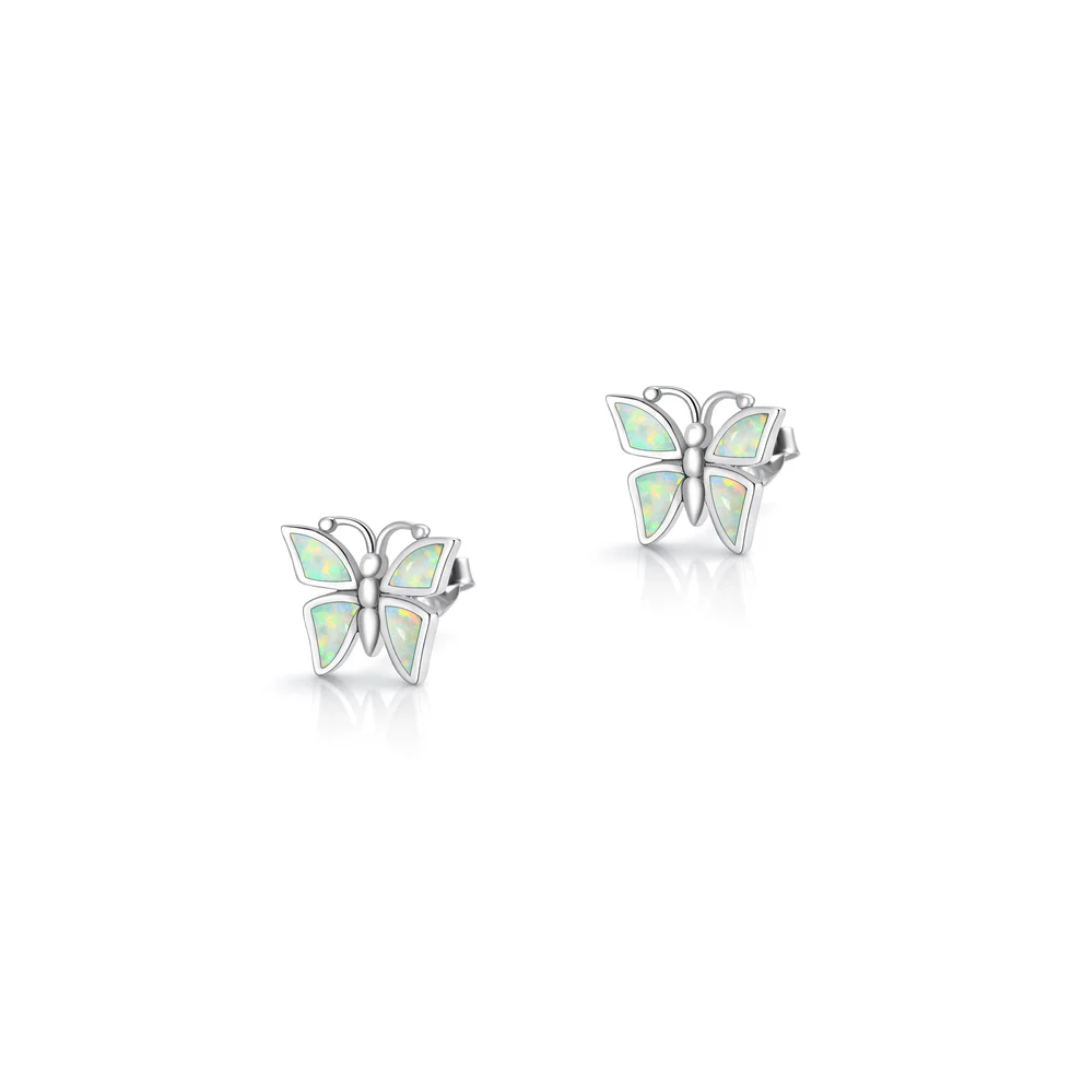 Sterling Silver Oxidized And Polished Butterfly White Lab Opal Earrings