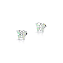 Load image into Gallery viewer, Sterling Silver Oxidized And Polished Butterfly White Lab Opal Earrings