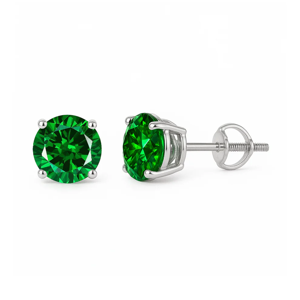 Sterling Silver Rhodium Plated Round Lab Created Emerald Earrings