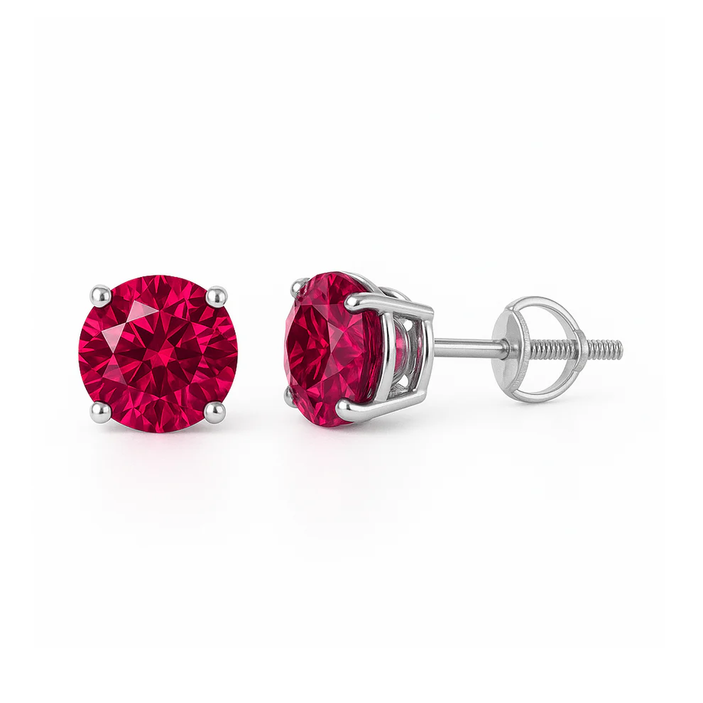 Sterling Silver Rhodium Plated Round Lab Created Ruby Earrings