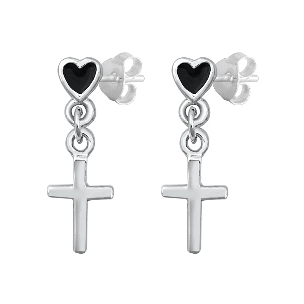 Sterling Silver Cross And Heart Black CZ Stud Earrings