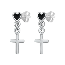 Load image into Gallery viewer, Sterling Silver Cross And Heart Black CZ Stud Earrings