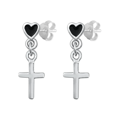Sterling Silver Cross And Heart Black CZ Stud Earrings