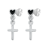 Sterling Silver Cross And Heart Black CZ Stud Earrings