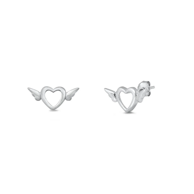 Sterling Silver Heart And Wings Stud Earrings