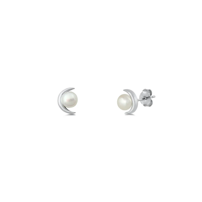 Sterling Silver Moon And Pearl Stud Earrings