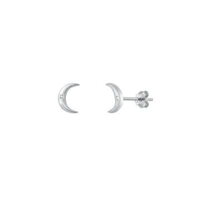 Sterling Silver Oxidized Crescent Moon Clear CZ Stud Earrings