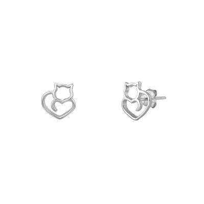 Sterling Silver Oxidized Cat And Heart Stud Earrings
