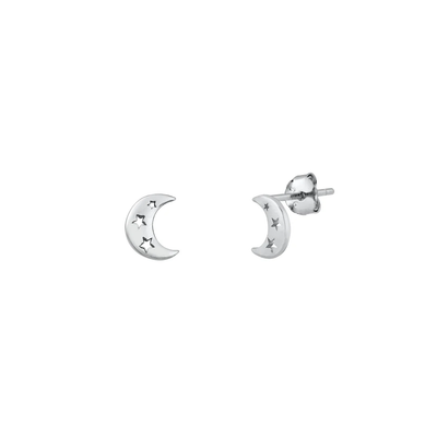 Sterling Silver Rhodium Plated Moon With Stars Stud Earrings