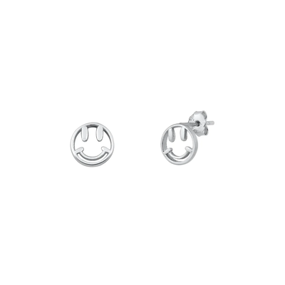 Sterling Silver Rhodium Plated Happy Face Stud Earrings