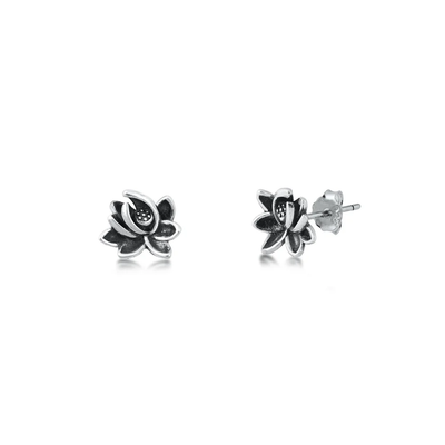 Sterling Silver Oxidized Lotus Stud Earrings