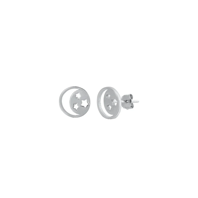 Sterling Silver Rhodium Plated Crescent Moon And Stars Stud Earrings
