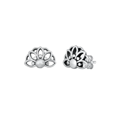 Sterling Silver Oxidized Half Flower Stud Earrings