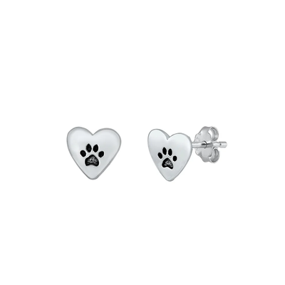 Sterling Silver Oxidized Paw And Heart Stud Earrings