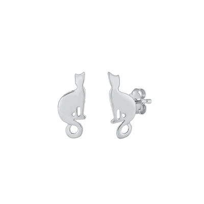 Sterling Silver Rhodium Plated Cat Stud Earrings